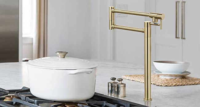 wowow brushed gold deck mount pot filler faucet over stove 8