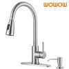 wowow single handle brushed nickel pull down kitchen faucet with soap dispenser