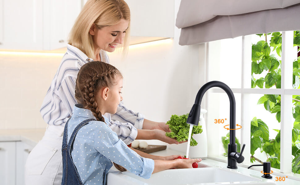 wowow matte black pull down kitchen sink faucet with soap dispenser 2 1