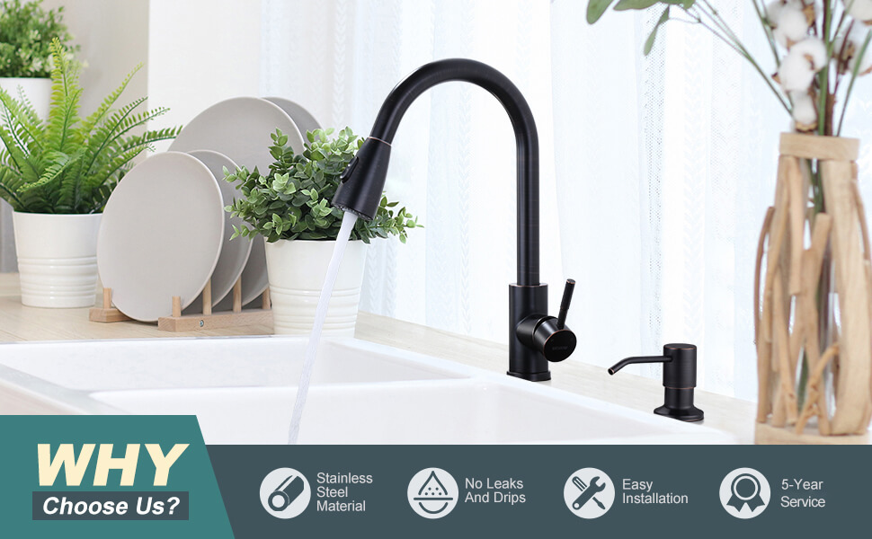 wowow oil rubbed bronze pull down kitchen sink faucet with soap dispenser 1 1