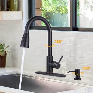 wowow oil rubbed bronze pull down kitchen sink faucet with soap dispenser 1