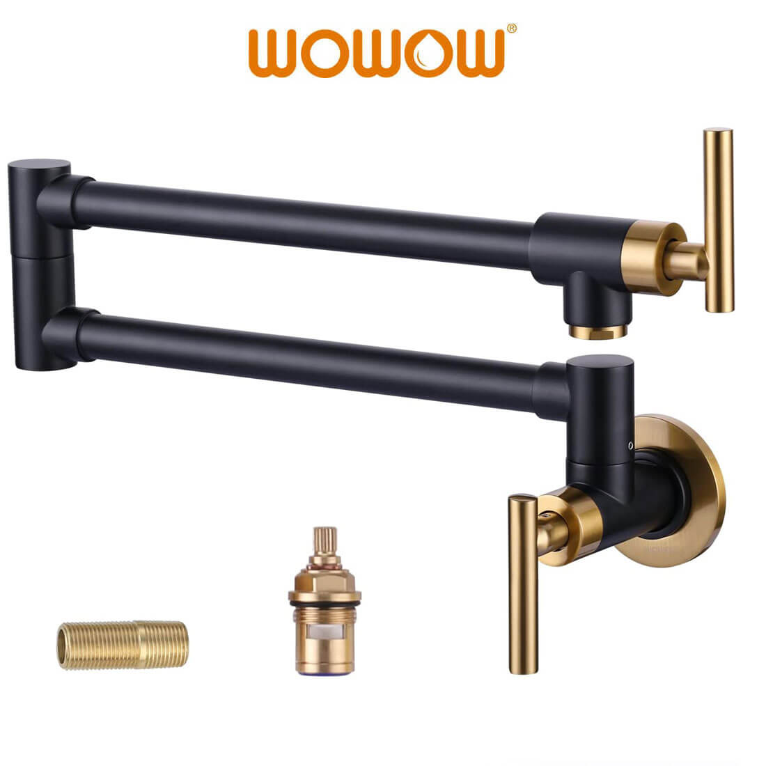 wowow wall mounted black and gold pot filler fauce over stove