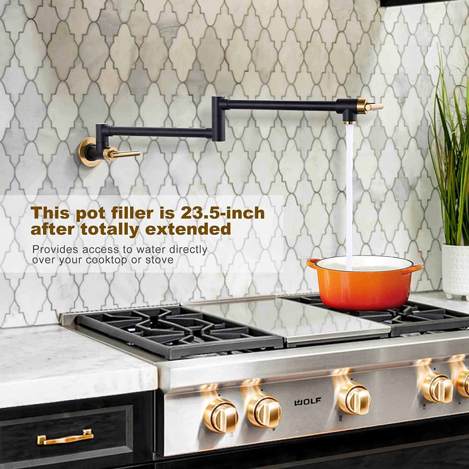 wowow wall mounted black and gold pot filler fauce over stove