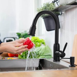 wowow stainless steel high arc black pull out kitchen faucet with soap dispenser 4