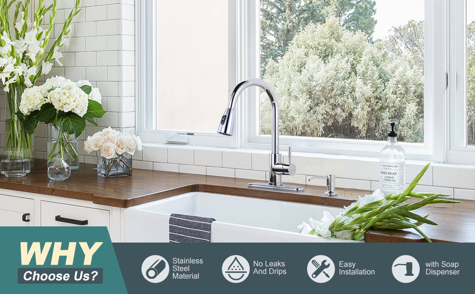 wowow chrome single handle pull down kitchen sink faucet with soap dispenser 4