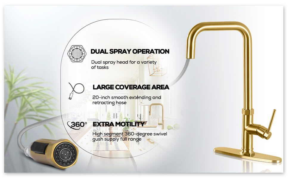 wowow brushed gold kitchen sink faucet with pull down sprayer dual function 14