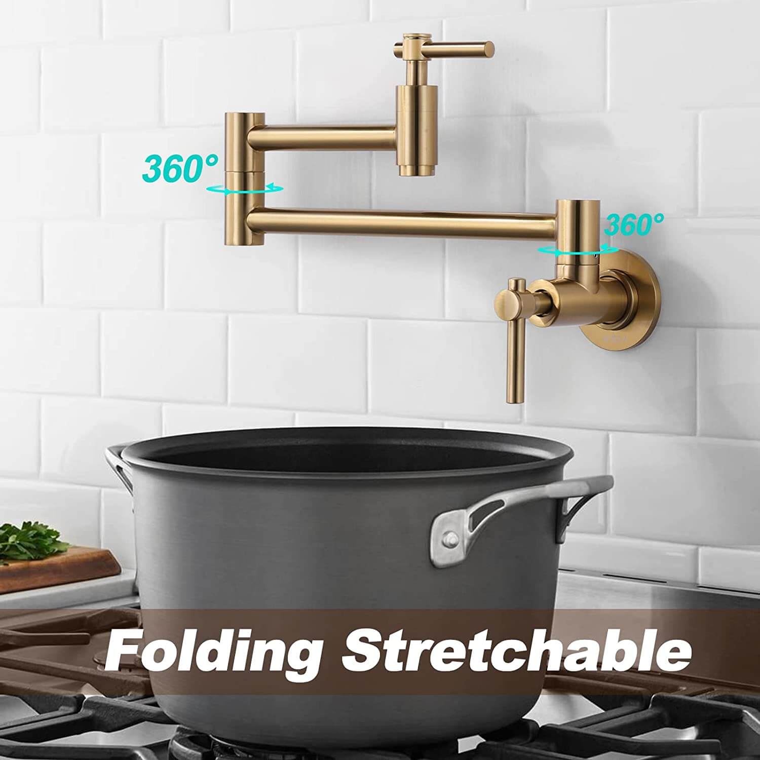 wowow brushed gold wall mount pot filler faucet above stove 10