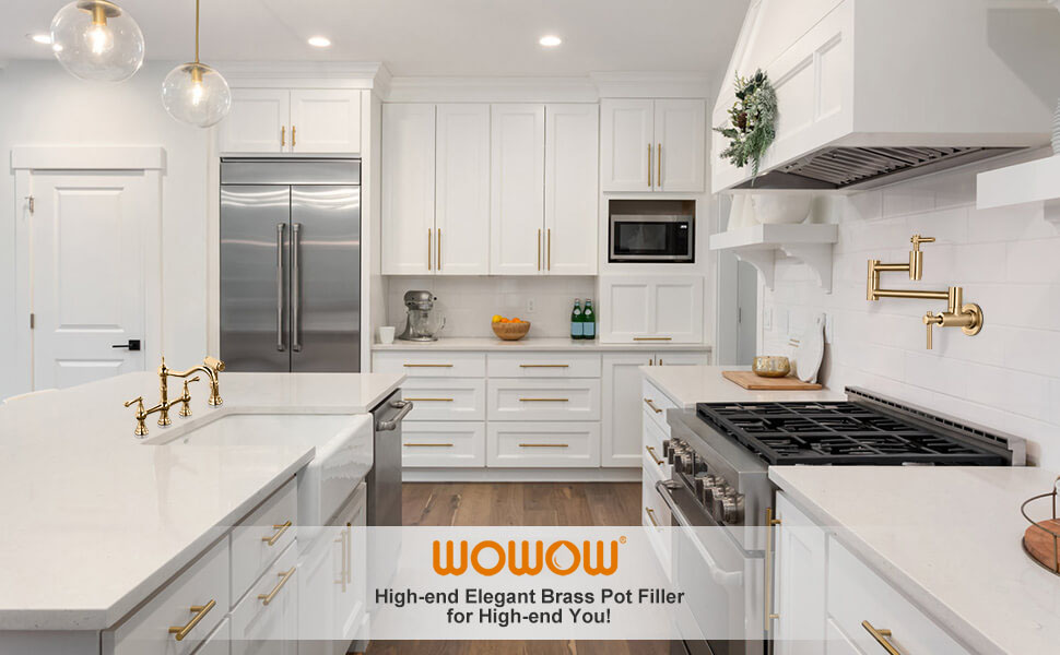 wowow brushed gold wall mount pot filler faucet above stove 7