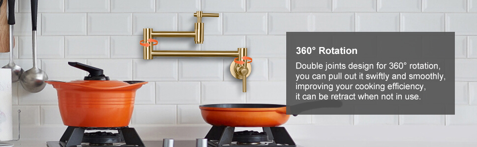 wowow brushed gold wall mount pot filler faucet above stove 9