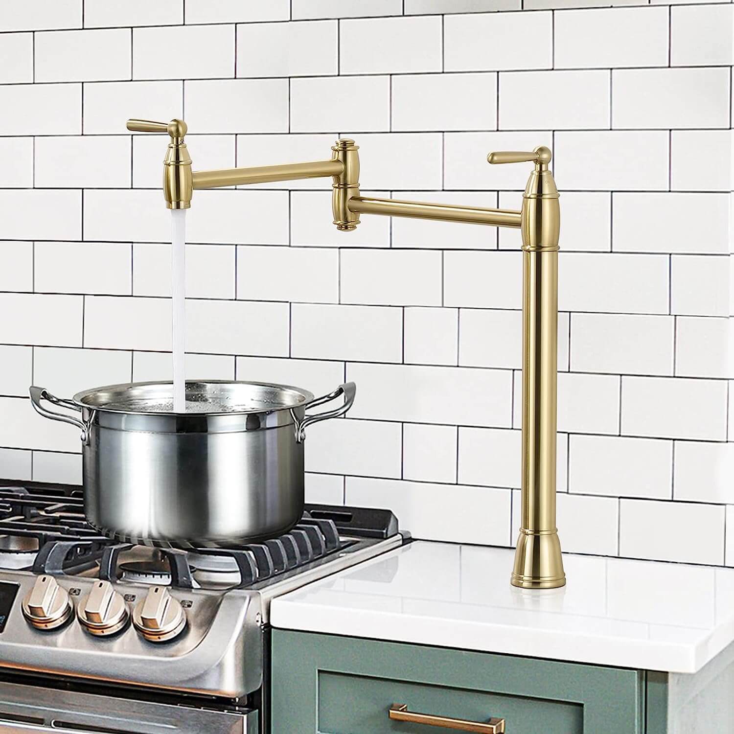 wowow deck mount brushed gold pot filler kitchen folding stove faucet 6