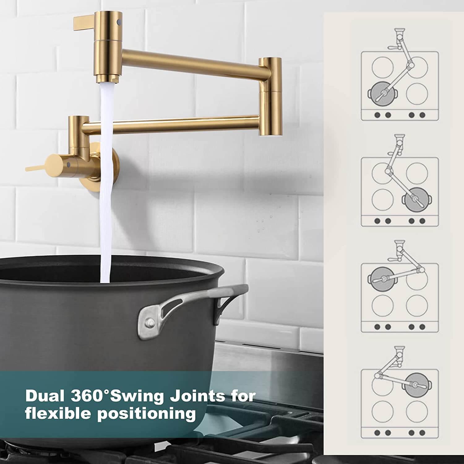 wowow modern brushed gold pot filler wall mount folding faucet 2 handles 6