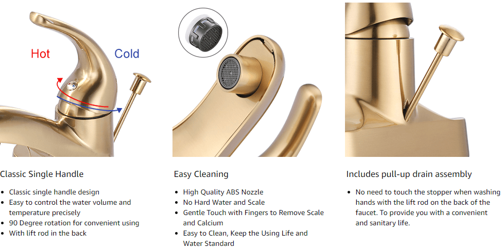 4 Inch Single Handle Brushed Gold Bathroom Sink Faucet with Lift Rod Drain Assembly - Bathroom Faucets - 3