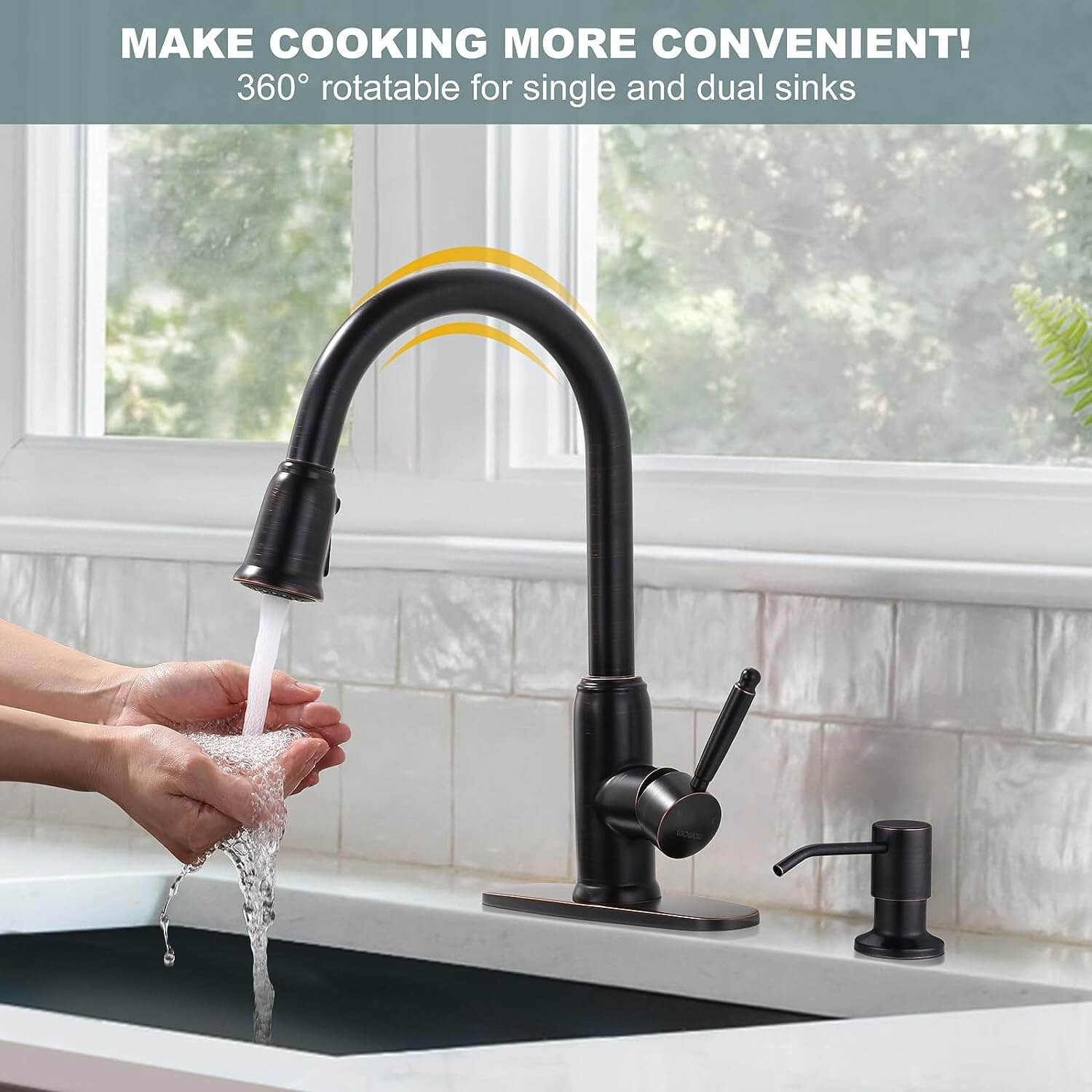 wowow bronze pull out kitchen faucet with soap dispenser 3