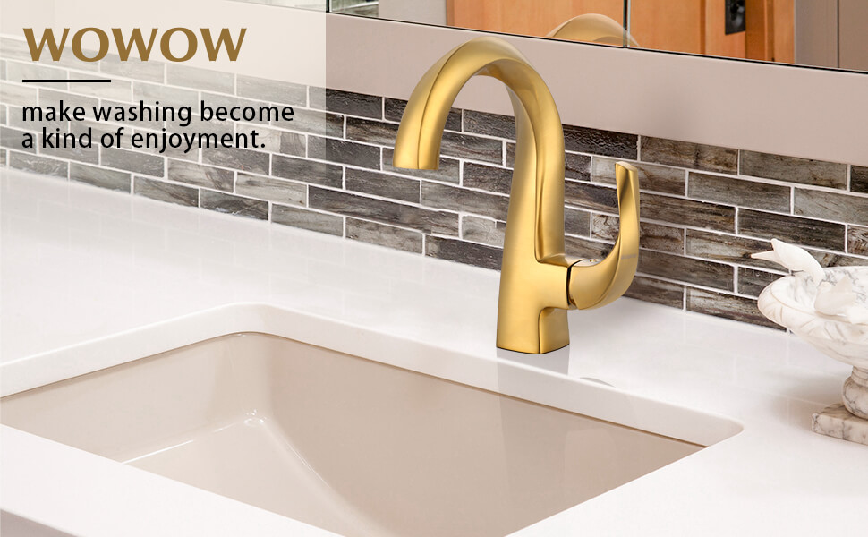 wowow single handle high arc brushed gold bathroom faucet 3