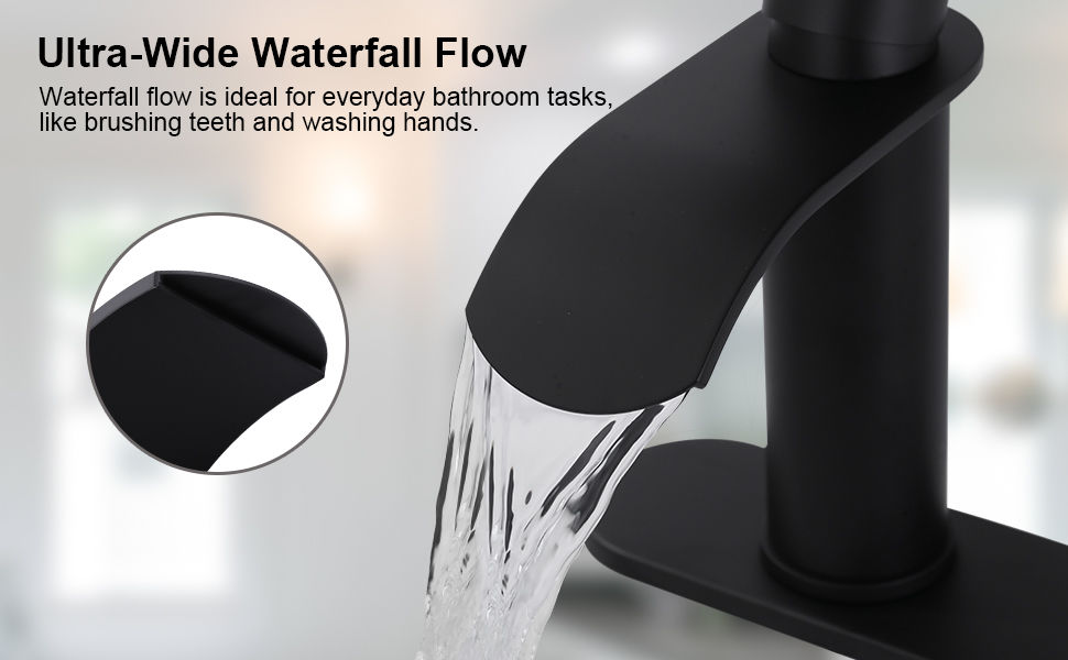 wowow matte black single handle waterfall spout bathroom faucet with deck plate 3