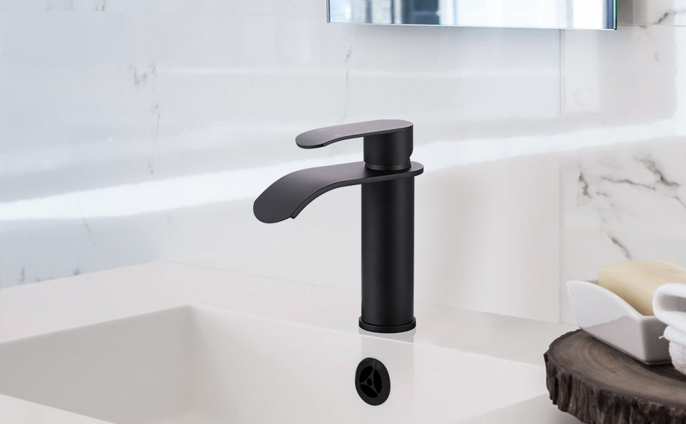 wowow matte black single handle waterfall spout bathroom faucet with deck plate 4