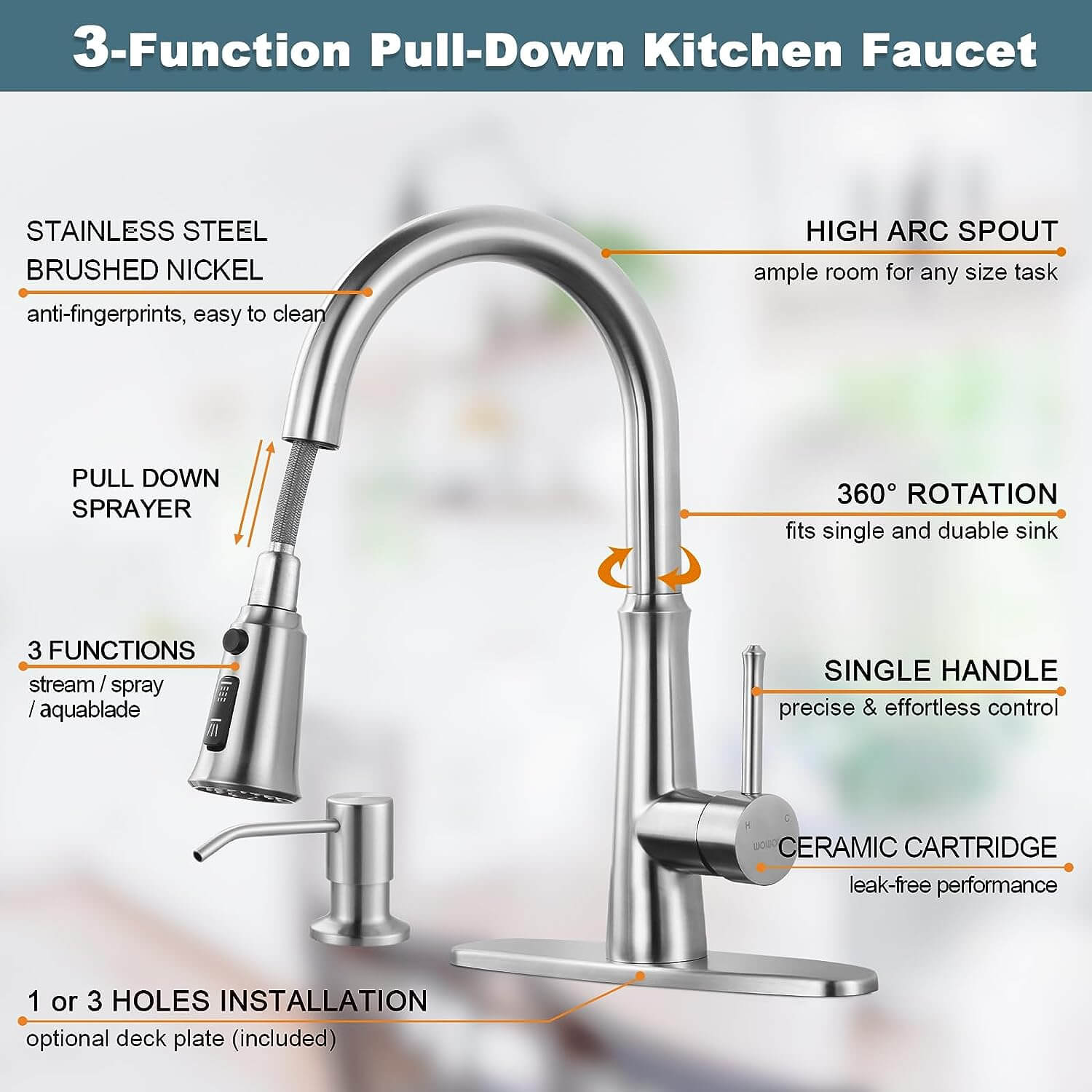 wowow stainless steel brushed nickel pull down kitchen faucet with soap dispenser 1 1