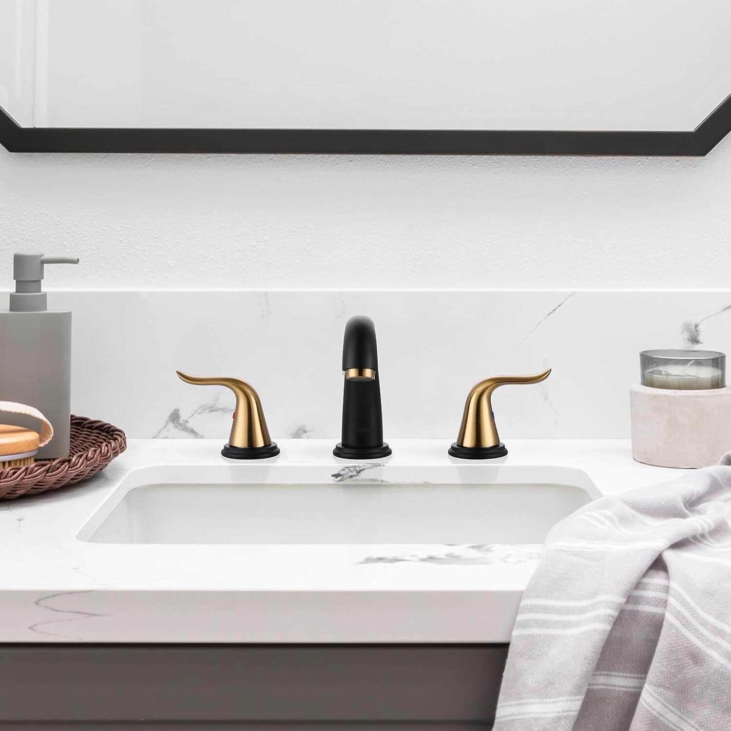 wowow widespread black and gold bathroom sink faucet