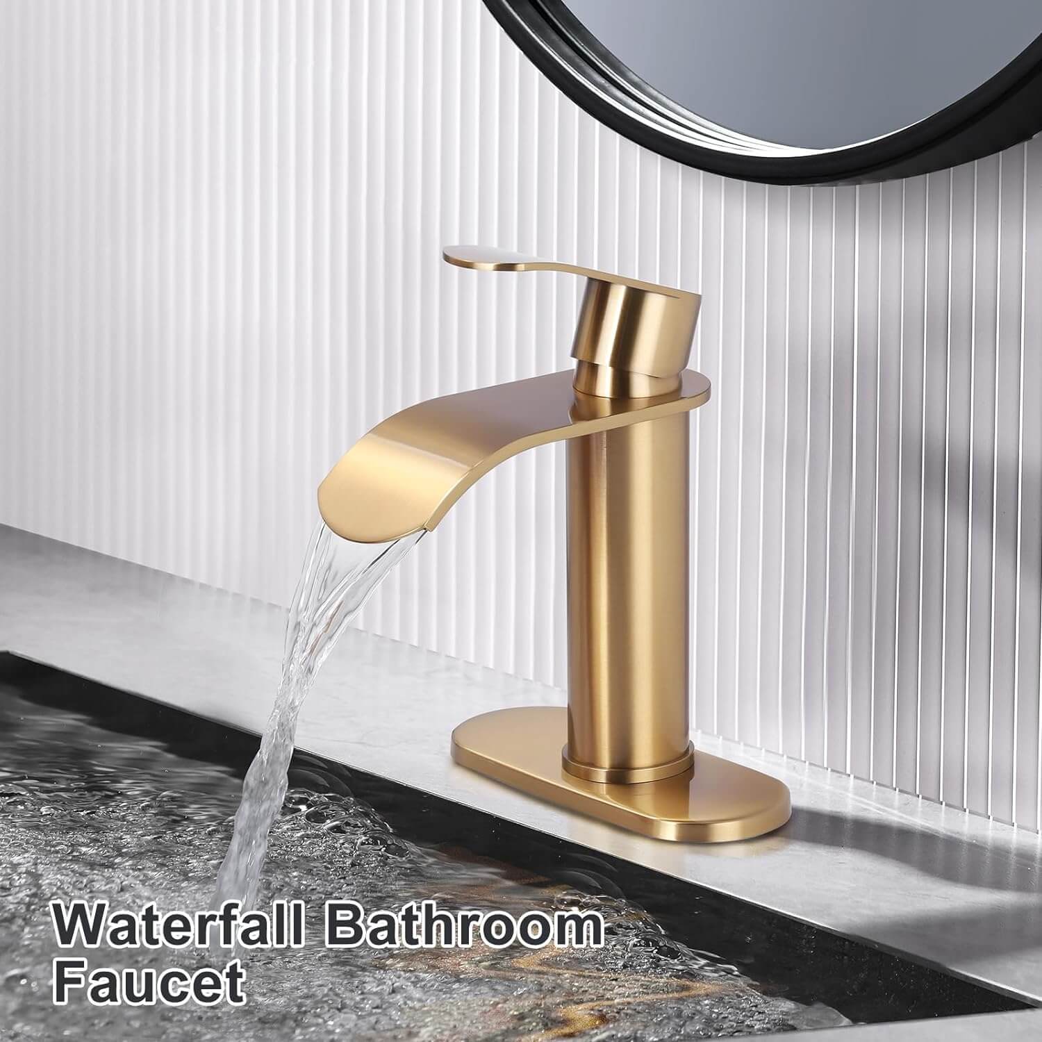 wowow single handle brushed gold waterfall bathroom faucet with deck plate 6