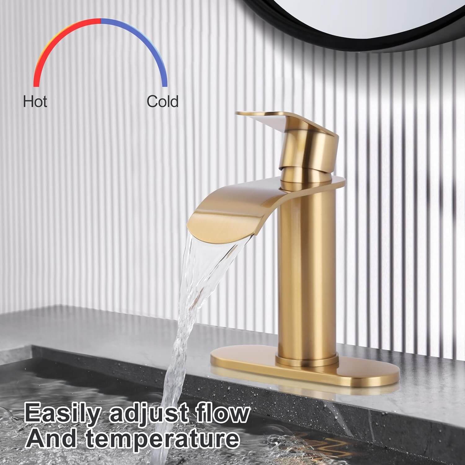 wowow single handle brushed gold waterfall bathroom faucet with deck plate 7