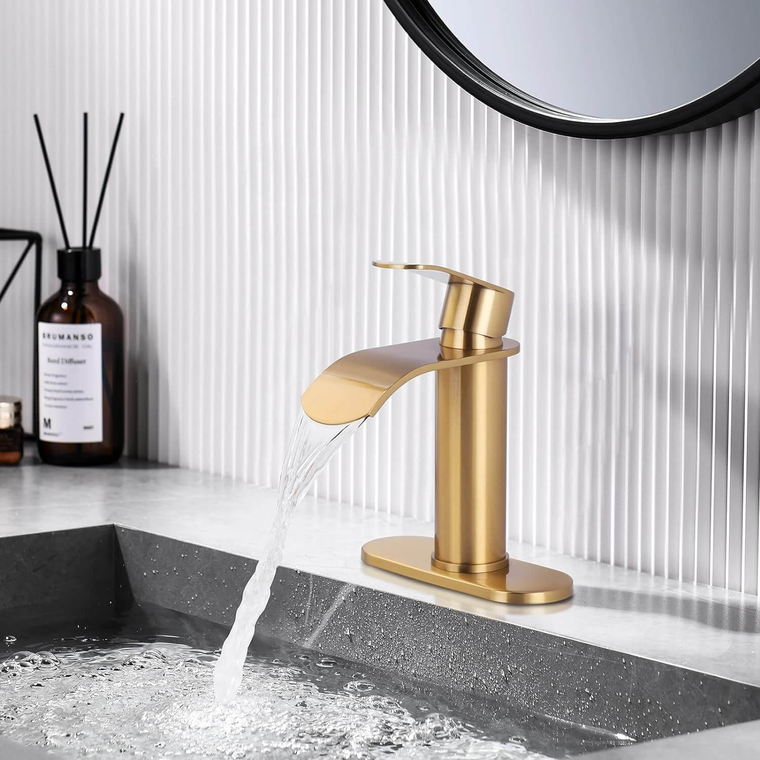 wowow single handle brushed gold waterfall bathroom faucet with deck plate 9