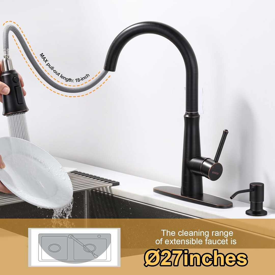 wowow 3 functions single handle pull down kitchen faucet with soap dispenser 11