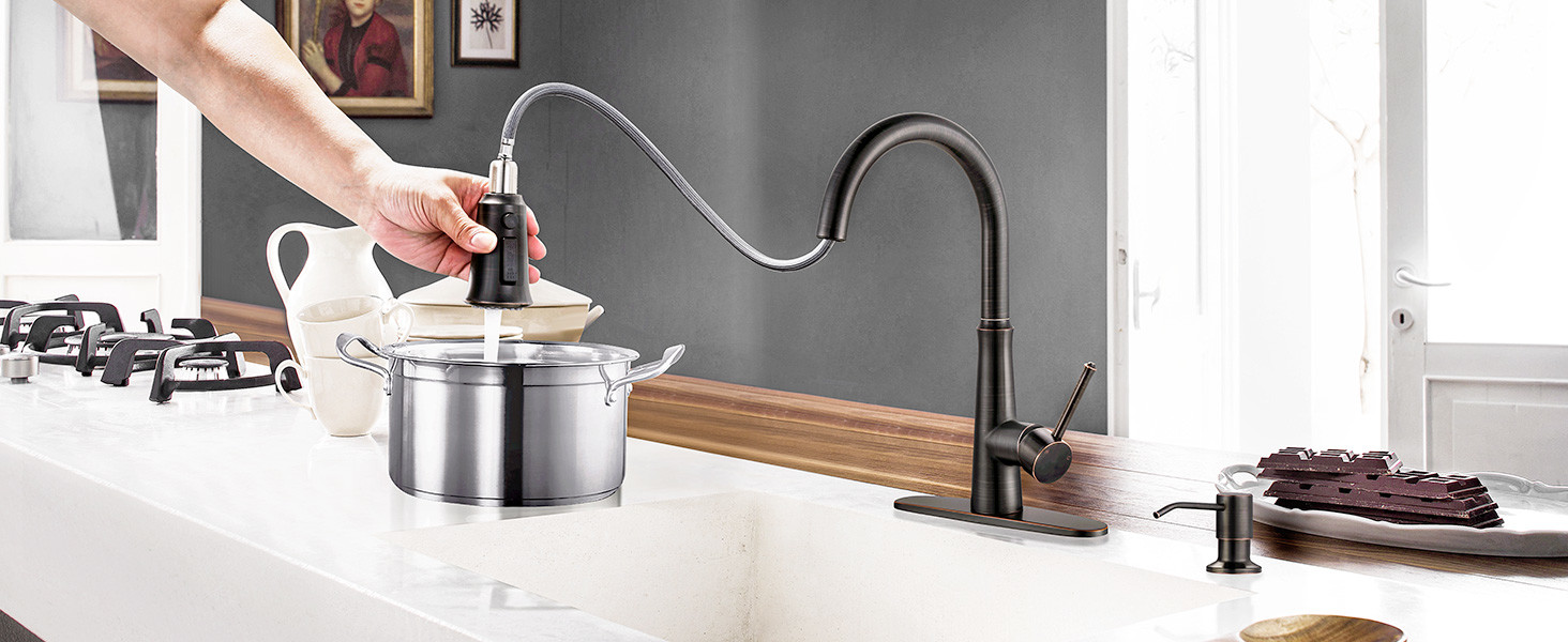 wowow 3 functions single handle pull down kitchen faucet with soap dispenser 2