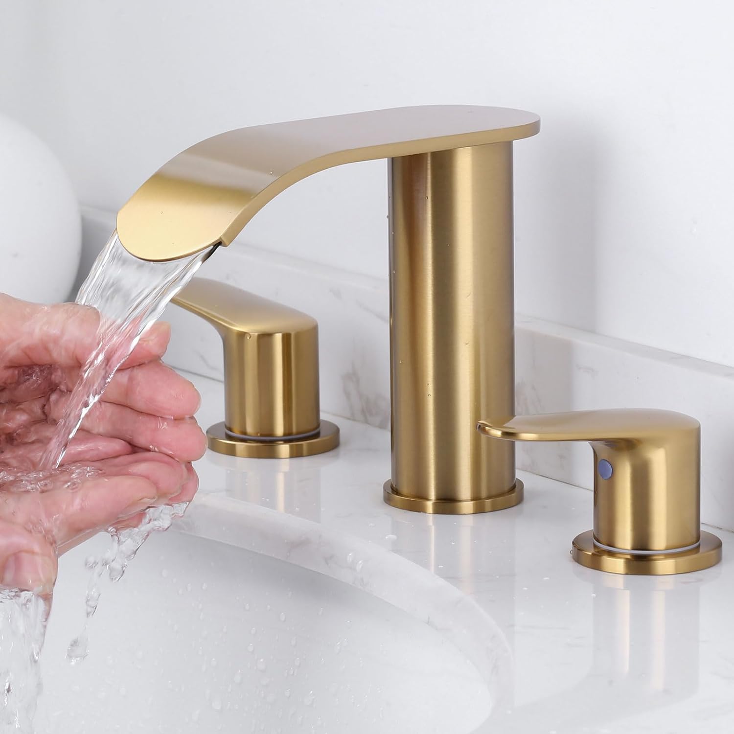wowow 8 inch brushed gold waterfall widespread bathroom faucet 1