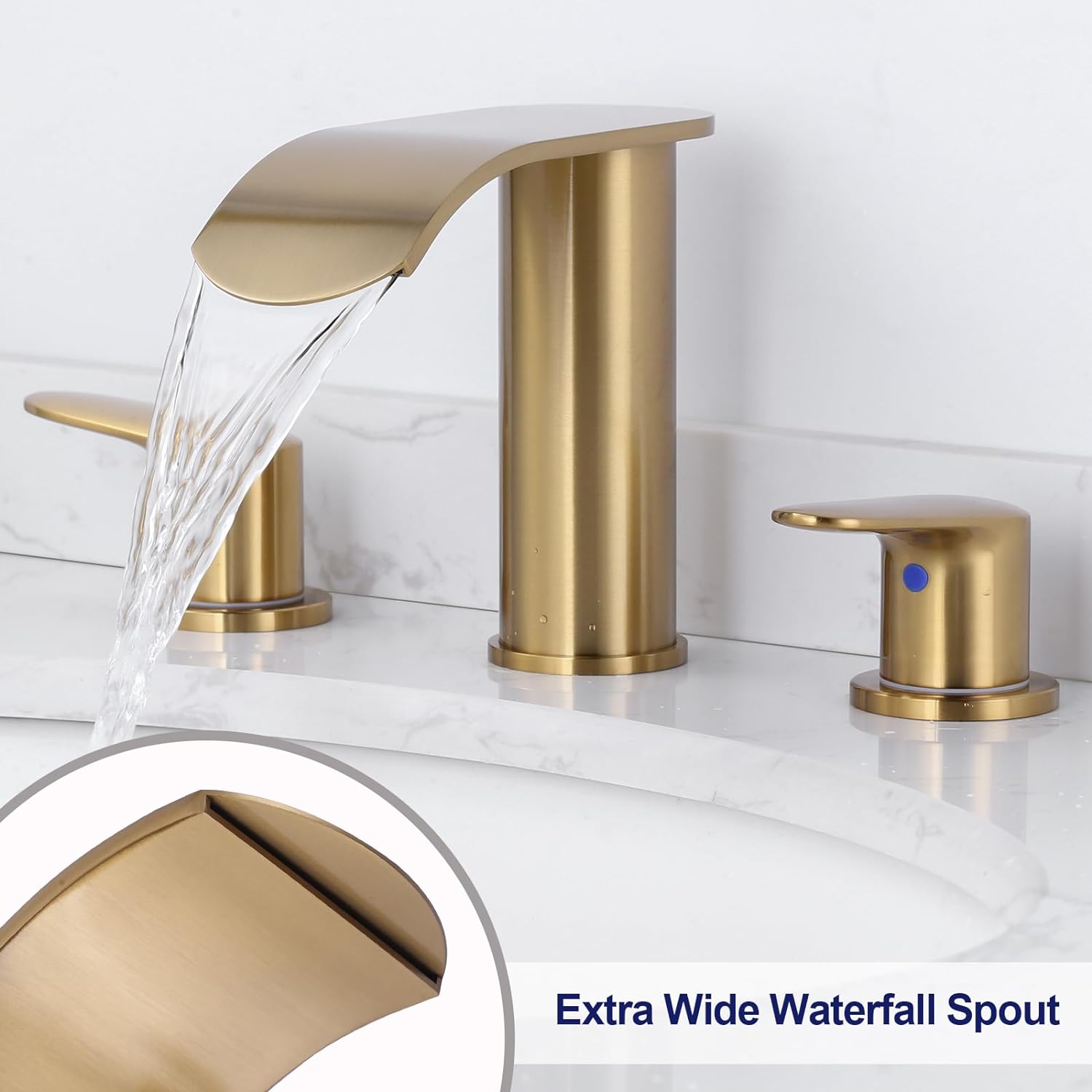 wowow 8 inch brushed gold waterfall widespread bathroom faucet 3