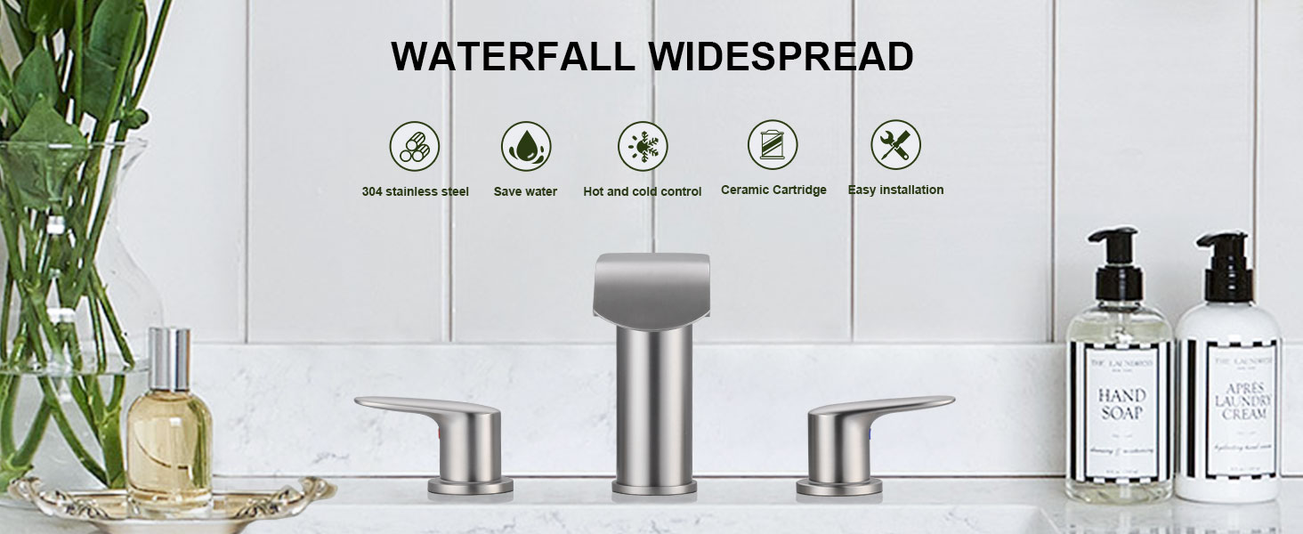 wowow brushed nickel waterfall 8 inch widespread bathroom sink faucet 1