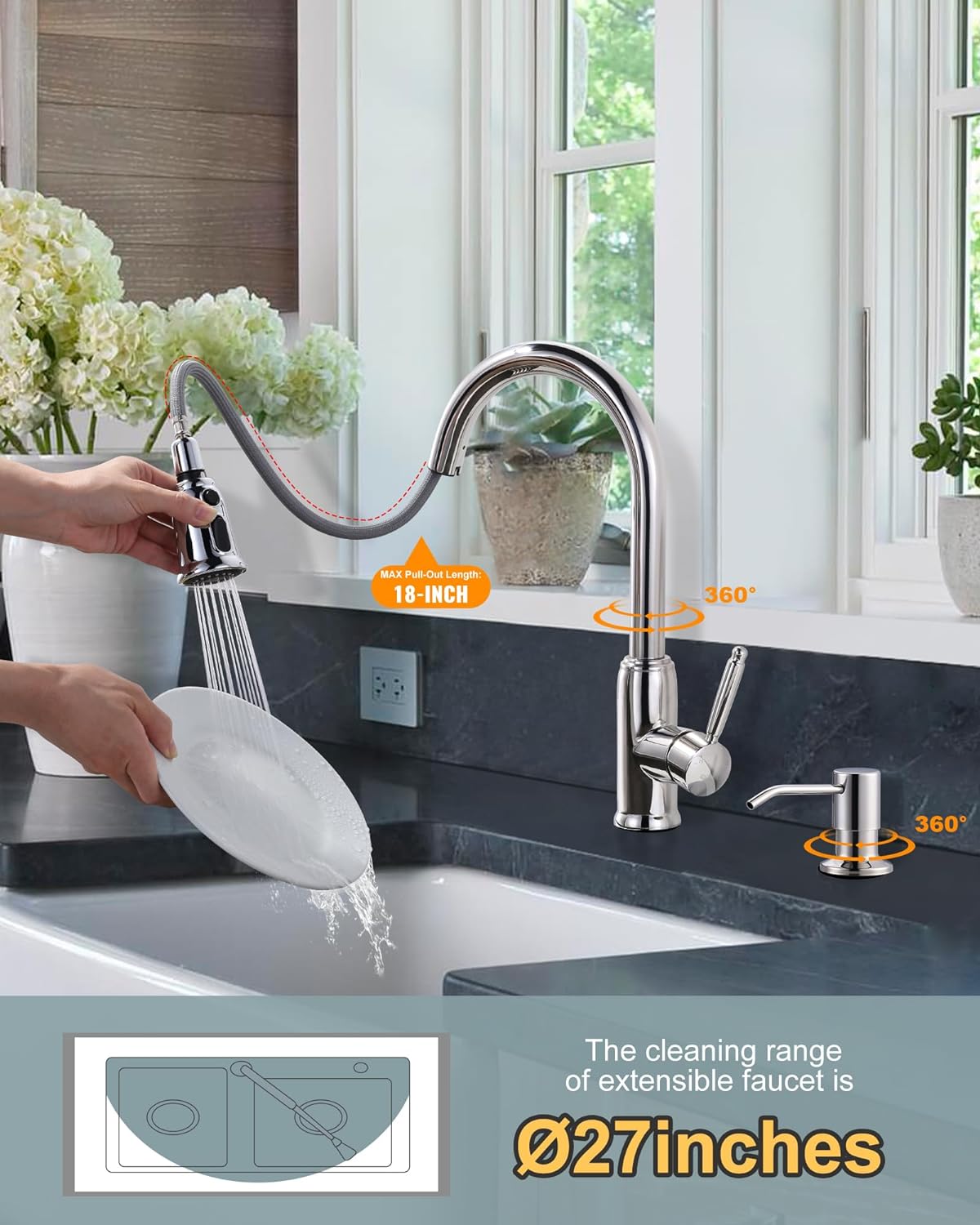 wowow stainless steel high arc chrome pull out kitchen faucet with soap dispenser 6