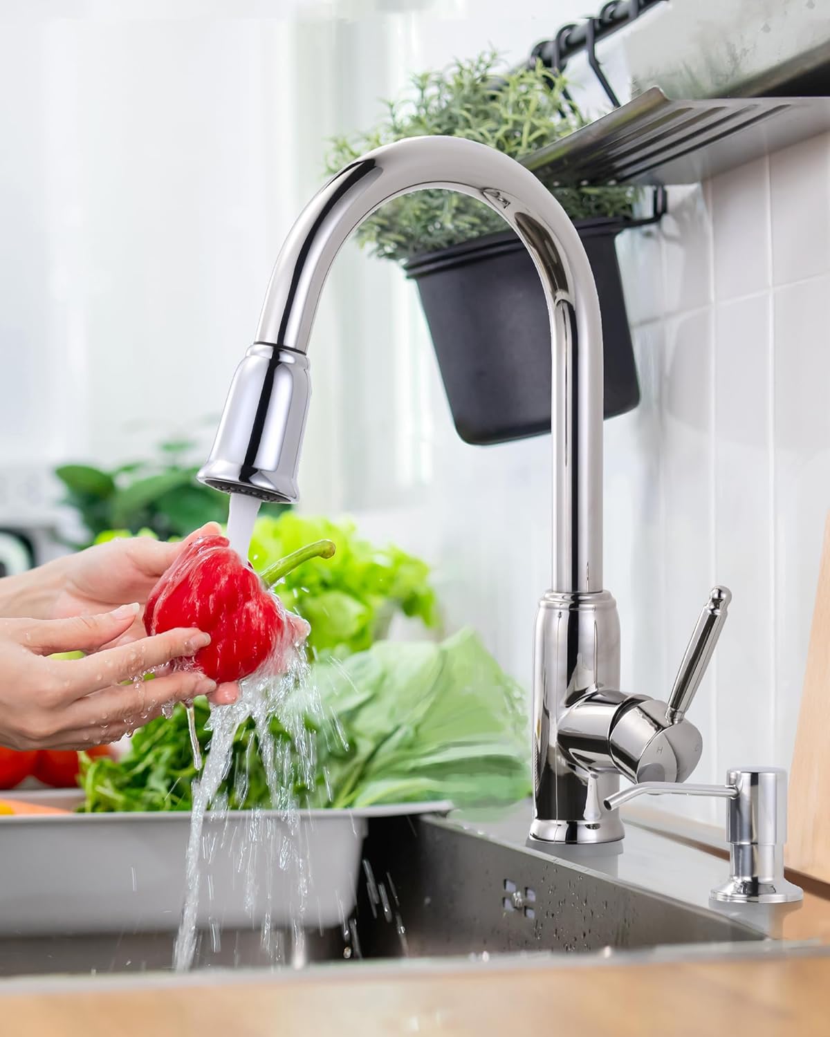WOWOW Stainless Steel High Arc Chrome Pull Out Kitchen Faucet with Soap