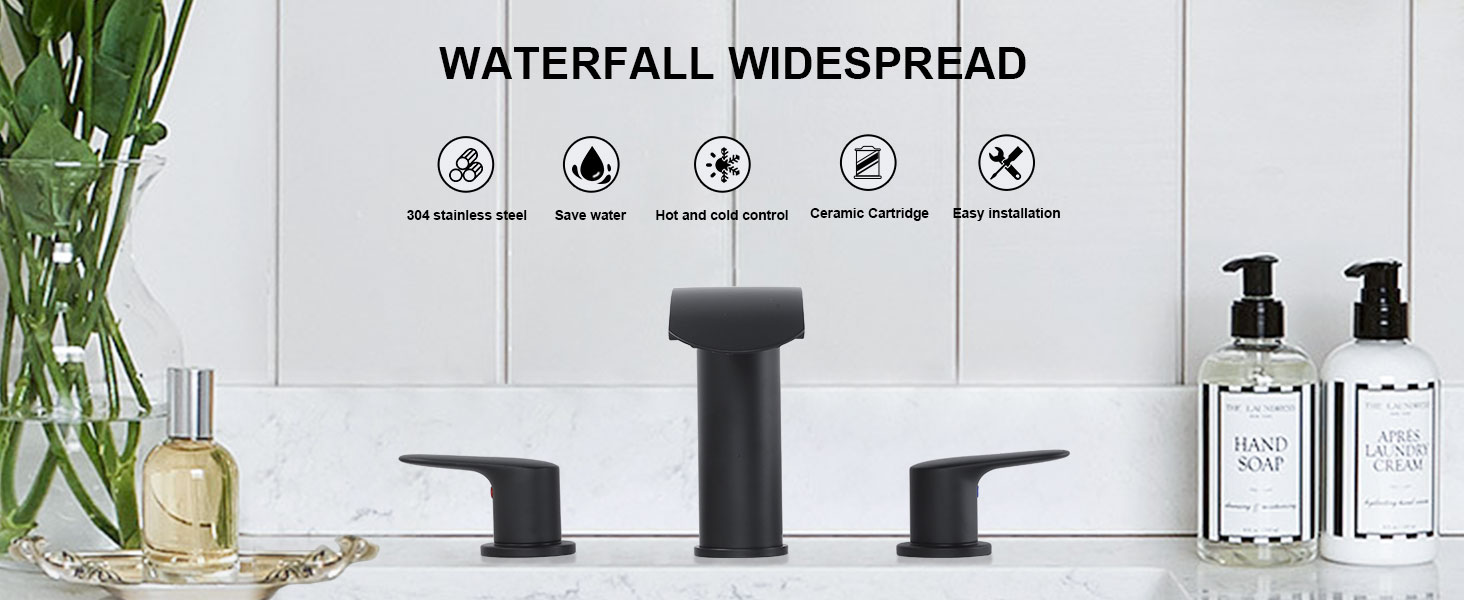 wowow waterfall 8 inch matte black widespread bathroom sink faucet 8
