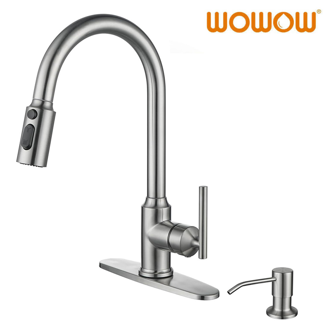 WOWOW Brushed Nickel High Arc Single Handle Pull Down Kitchen Faucet 4