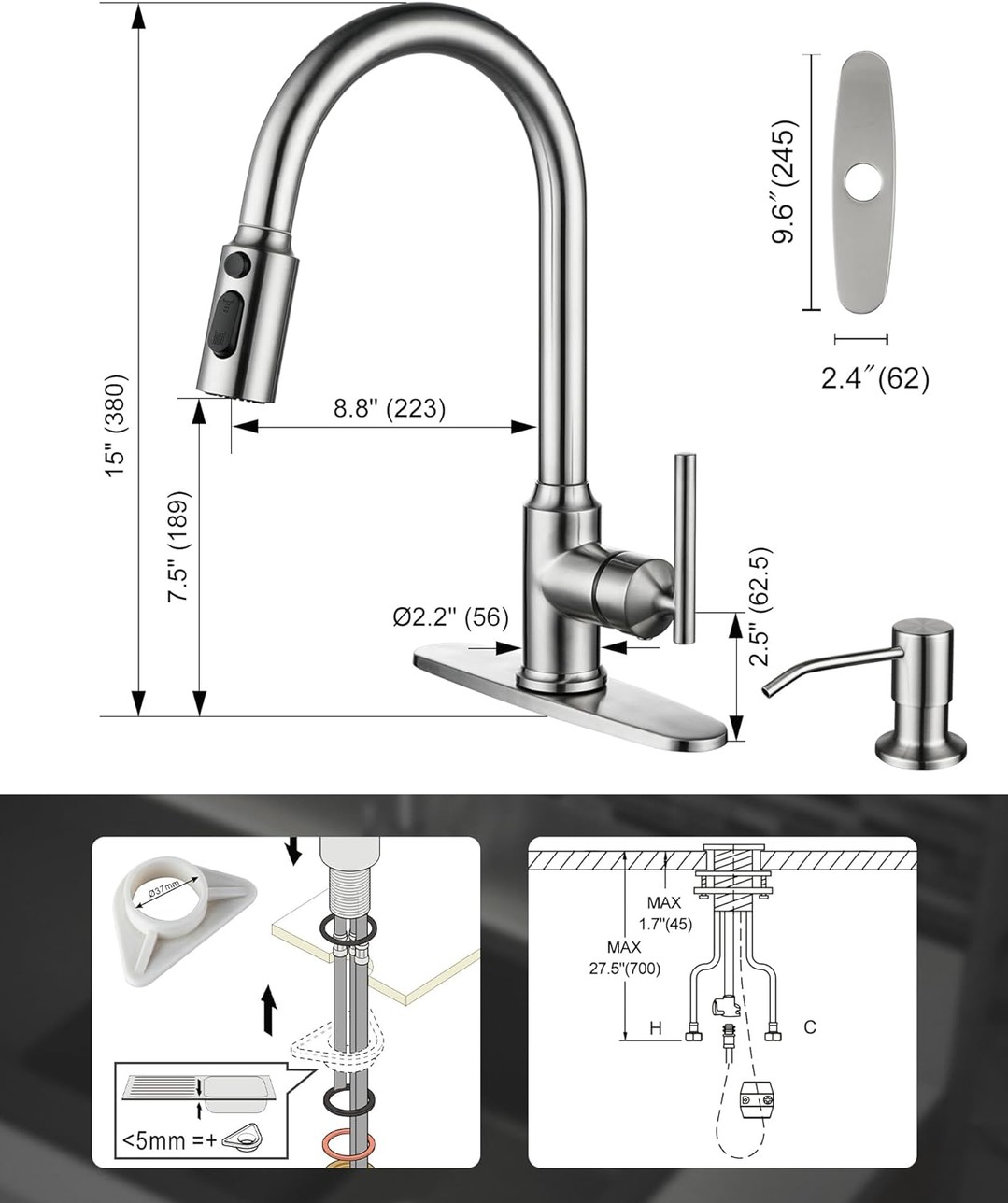 WOWOW Brushed Nickel High Arc Single Handle Pull Down Kitchen Faucet 6
