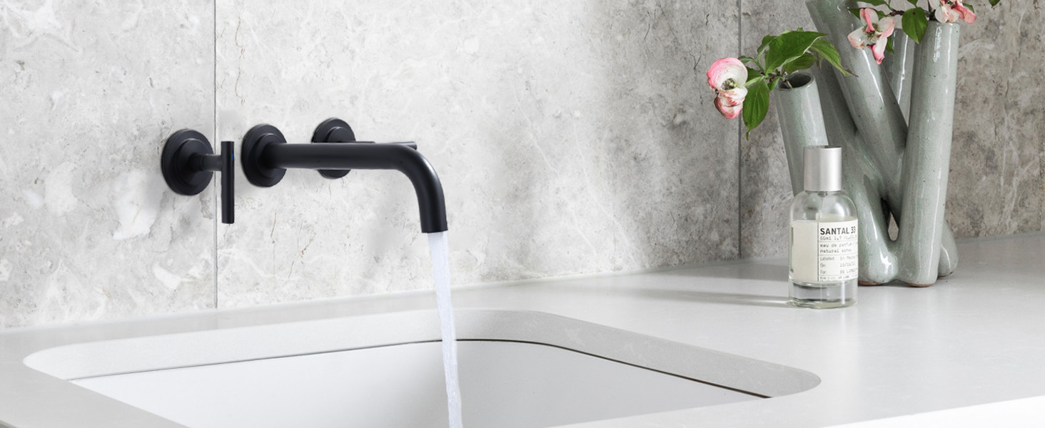 WOWOW Matte Black Wall Mount Widespread Bathroom Faucet 11