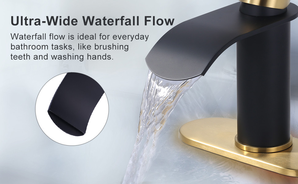 wowow black and gold single handle waterfall bathroom faucet with deck plate 10