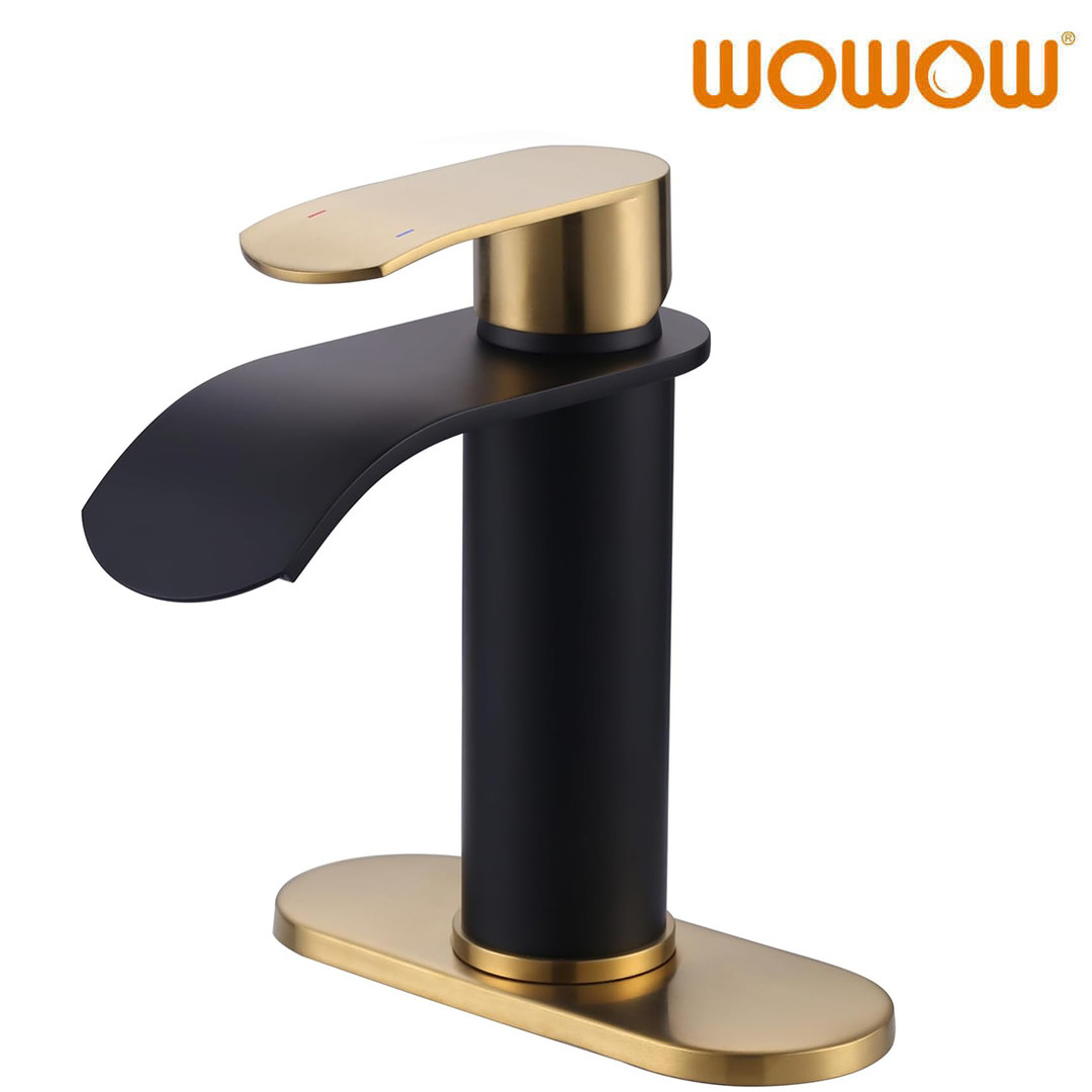 wowow black and gold single handle waterfall bathroom faucet with deck plate 9