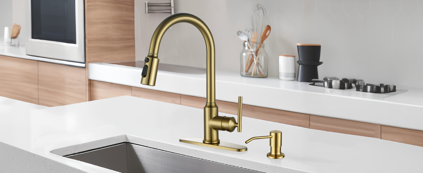 wowow brushed gold high arc single handle pull down kitchen faucet 10