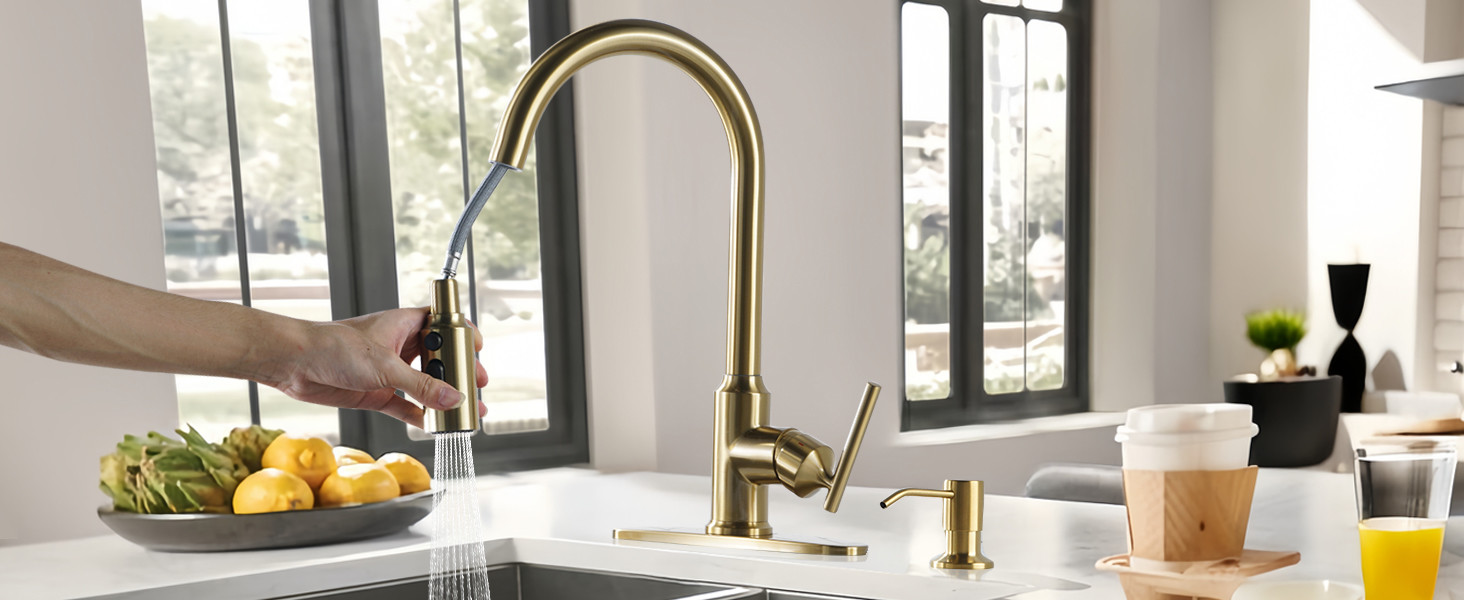 wowow brushed gold high arc single handle pull down kitchen faucet 12