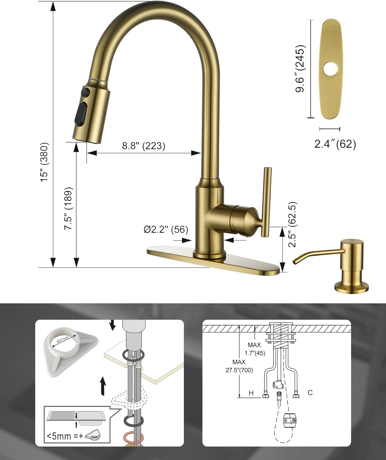 wowow brushed gold high arc single handle pull down kitchen faucet 3
