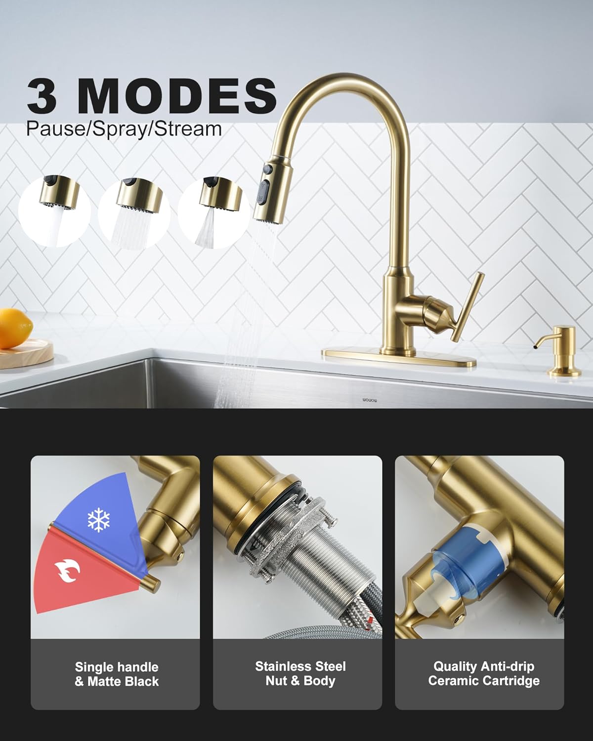 wowow brushed gold high arc single handle pull down kitchen faucet 4