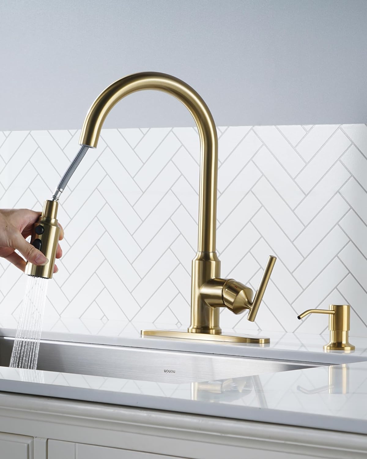 wowow brushed gold high arc single handle pull down kitchen faucet 5