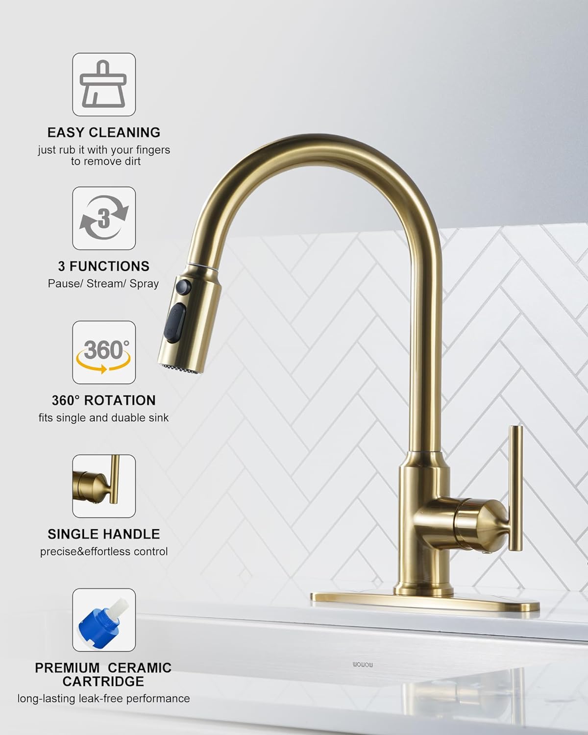 wowow brushed gold high arc single handle pull down kitchen faucet 6