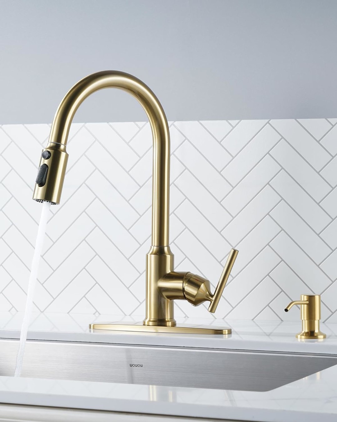 wowow brushed gold high arc single handle pull down kitchen faucet 7