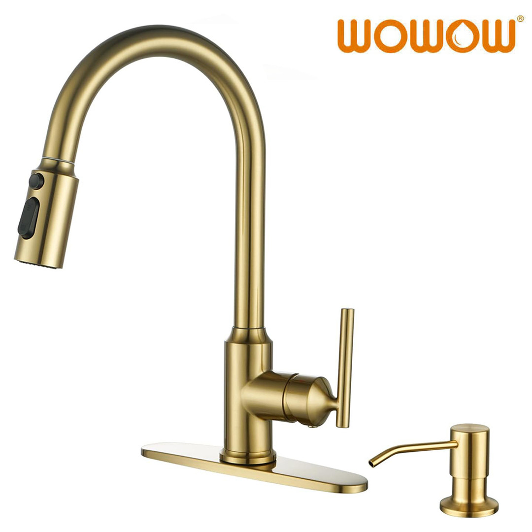 wowow brushed gold high arc single handle pull down kitchen faucet 8