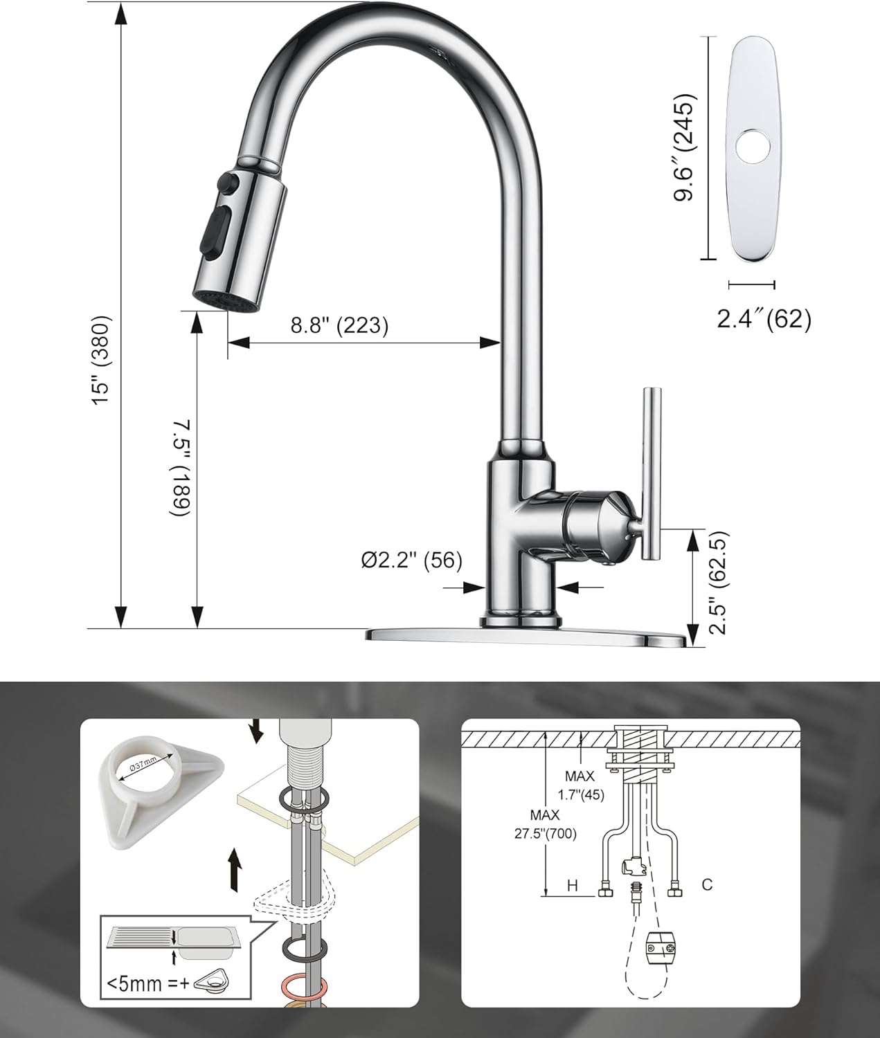 wowow chrome high arc single handle kitchen faucets with pull down sprayer 4