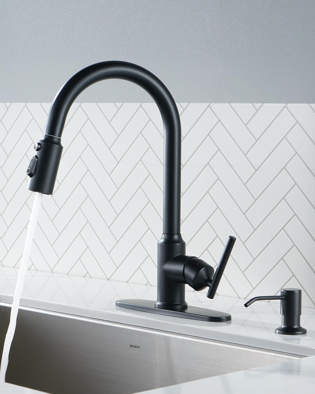 wowow high arc matte black single handle pull down kitchen faucet 1