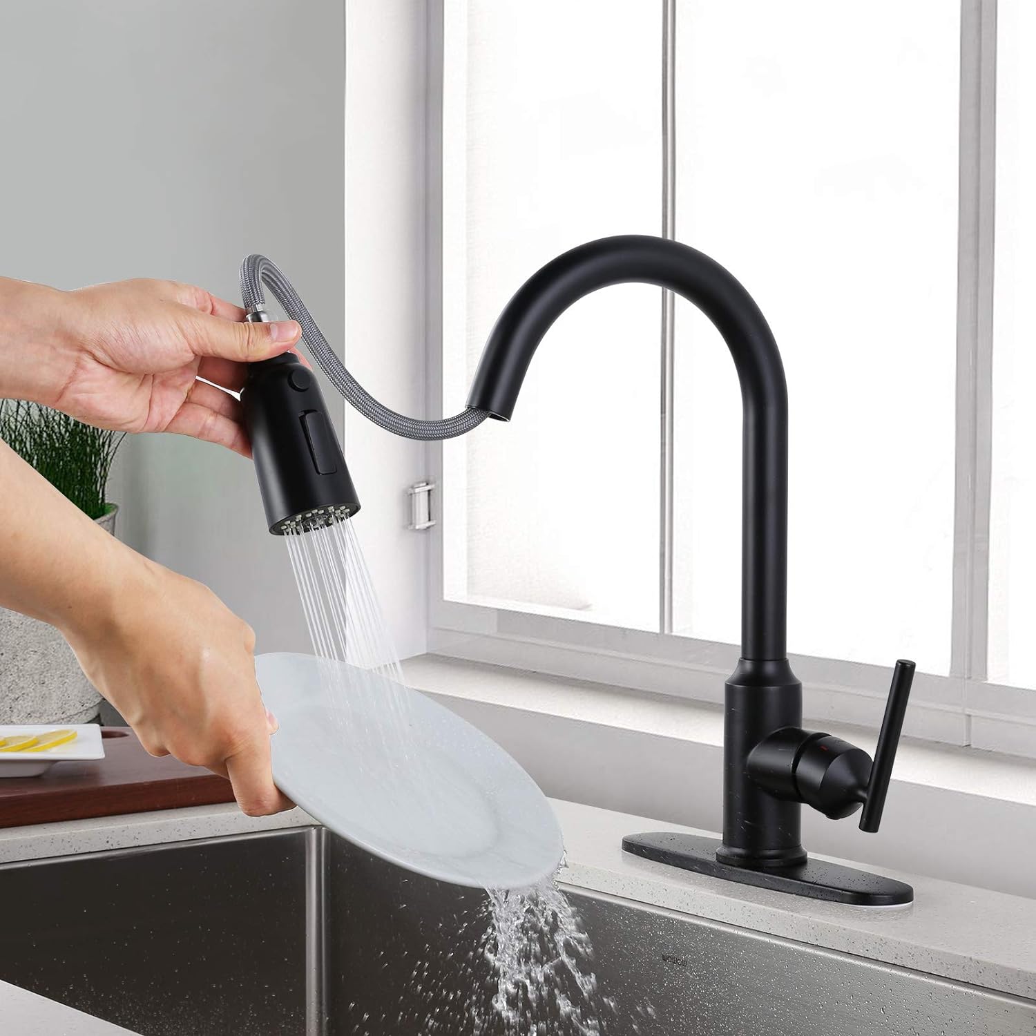 wowow high arc matte black single handle pull down kitchen faucet 4