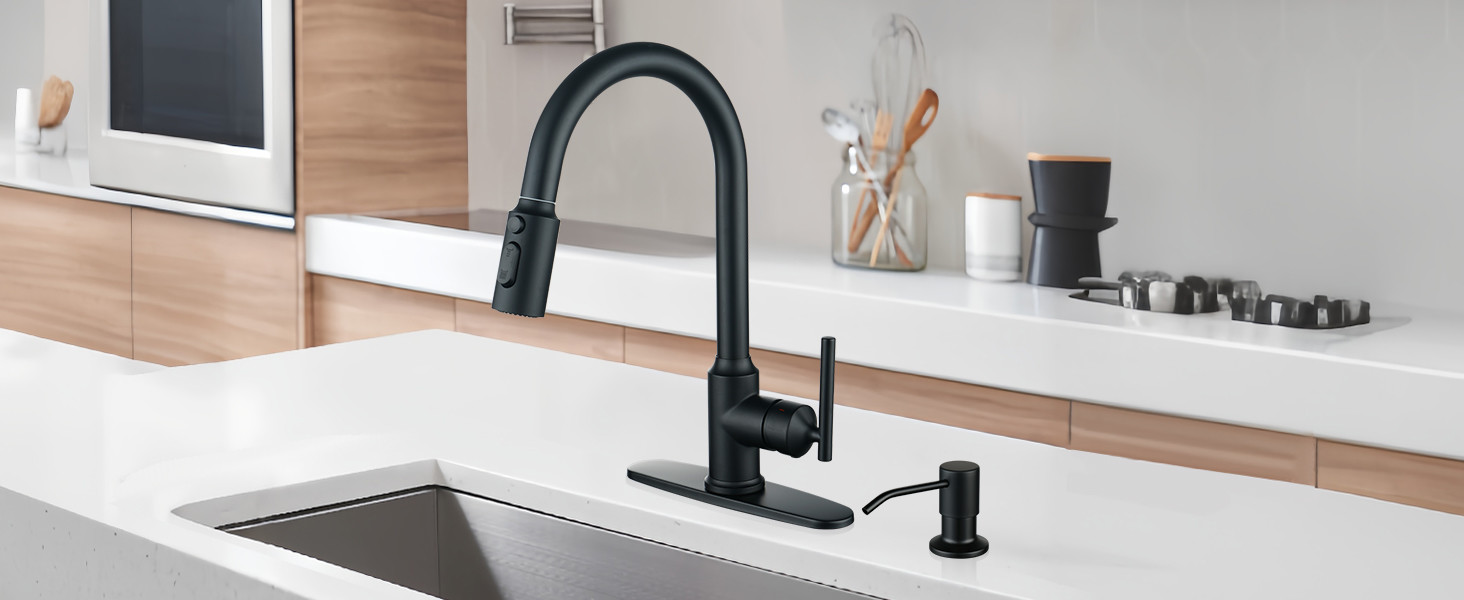 wowow high arc matte black single handle pull down kitchen faucet 7